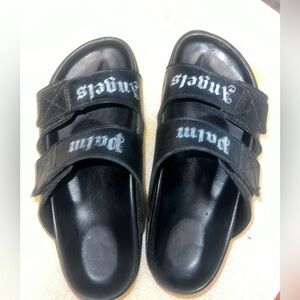 PALM ANGELS Leather Logo Slide Sandals Sliders Black White w/ Box & Dust Bag